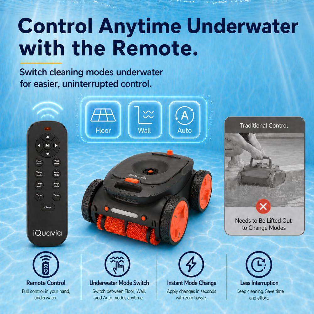 Cordless Robotic Pool Cleaner – Remote Underwater Direct Control, 4-Motor 4WD, Dual Brush & Suction, Smart Navigation, Auto-Park, Floor Wall Waterline, Inground & Above Ground Pools