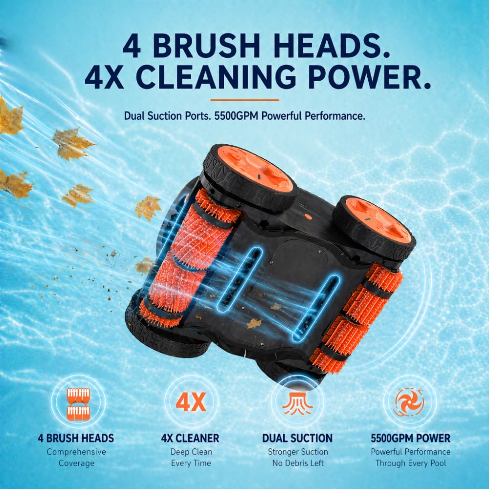 Cordless Robotic Pool Cleaner – Remote Underwater Direct Control, 4-Motor 4WD, Dual Brush & Suction, Smart Navigation, Auto-Park, Floor Wall Waterline, Inground & Above Ground Pools
