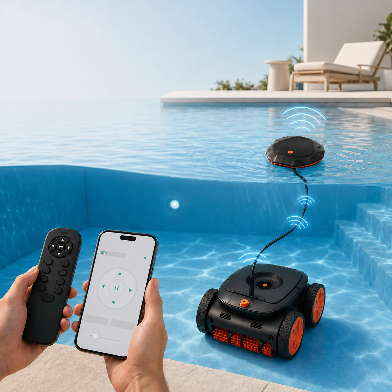 A user precisely steering the iQuavia pool robot